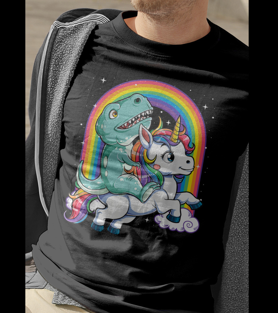Dinosaur Riding Unicorn Rainbow Rex Sparkle Stars Fantasy T-Shirt