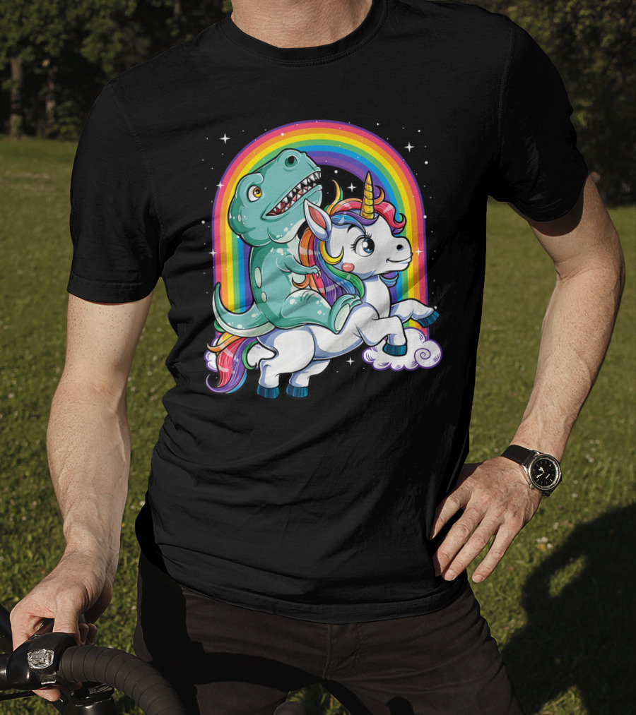 Dinosaur Riding Unicorn Rainbow Rex Sparkle Stars Fantasy T-Shirt