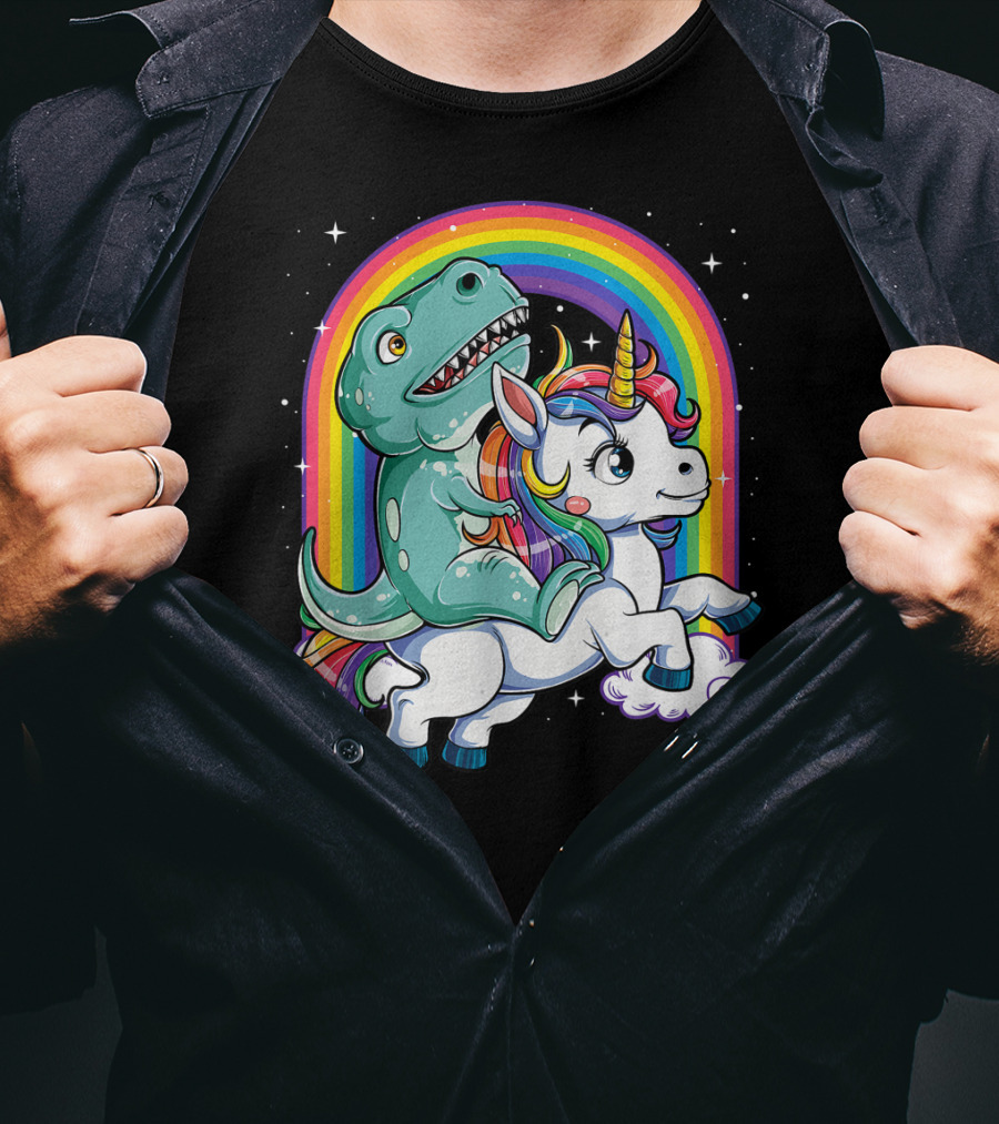 Dinosaur Riding Unicorn Rainbow Rex Sparkle Stars Fantasy T-Shirt