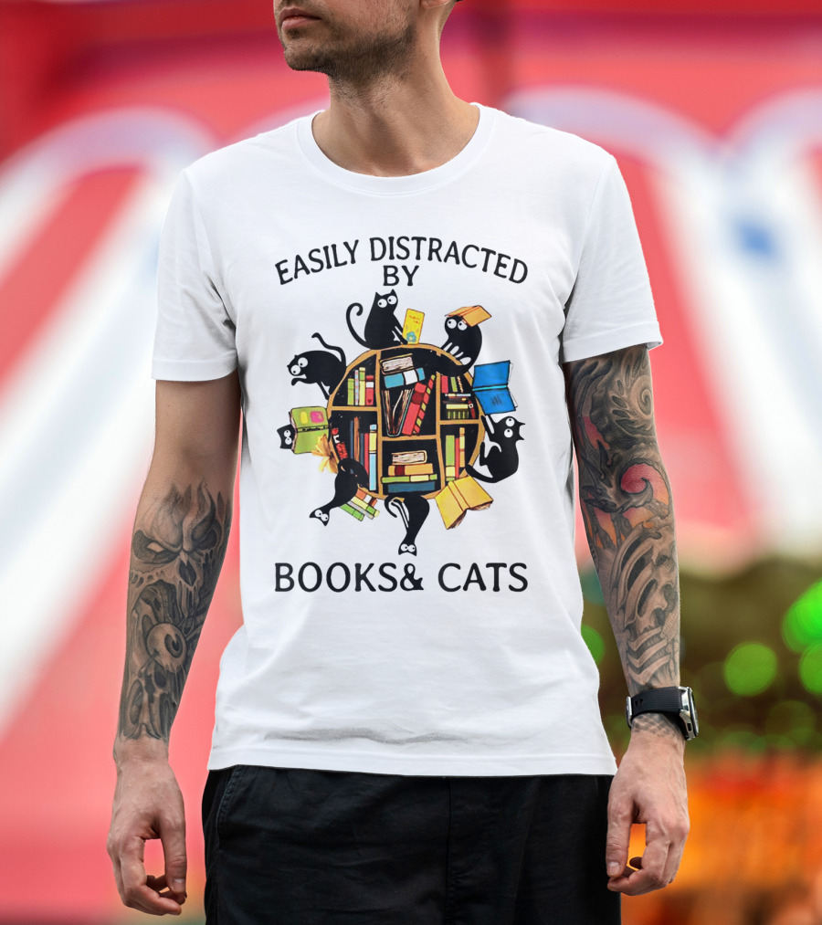 Easily Distracted by Books and Cats with Playful Shelf Cats T-Shirt