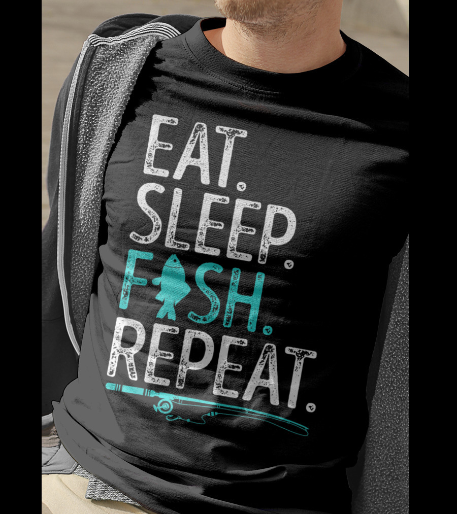 Eat Sleep Fish Repeat Kids Fishing Fishing Rod Teal Fish T-Shirt