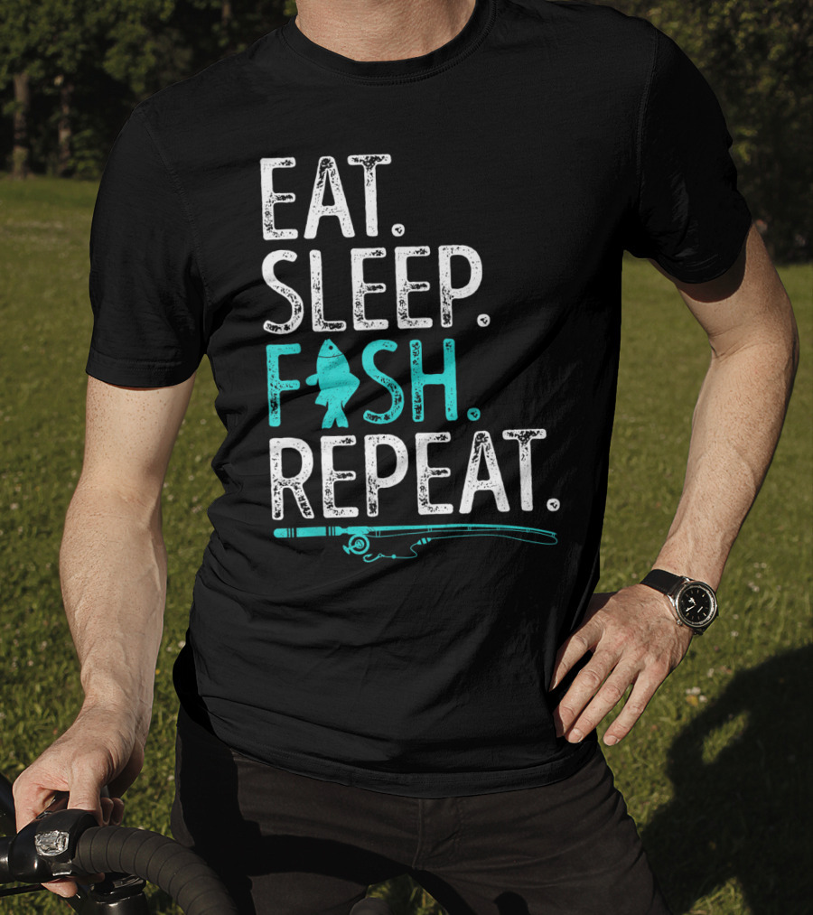 Eat Sleep Fish Repeat Kids Fishing Fishing Rod Teal Fish T-Shirt
