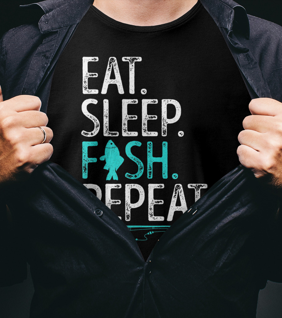Eat Sleep Fish Repeat Kids Fishing Fishing Rod Teal Fish T-Shirt