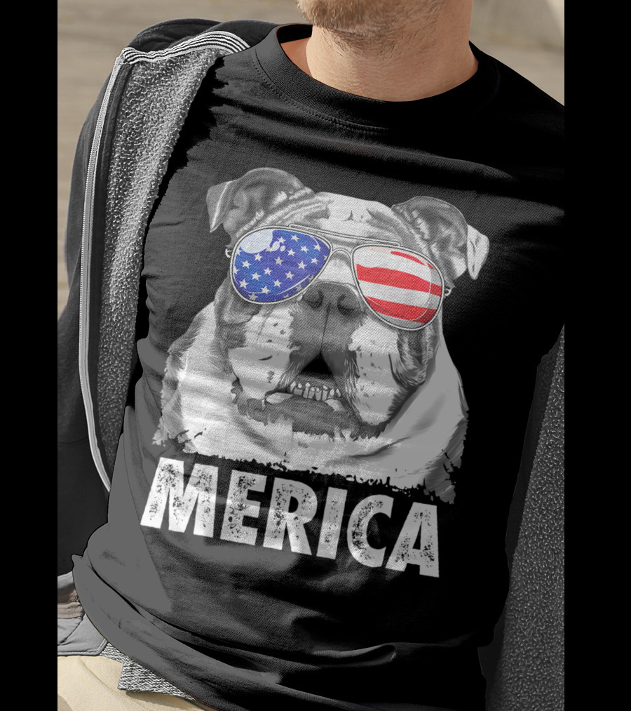 Merica English Bulldog USA Flag Sunglasses T-Shirt