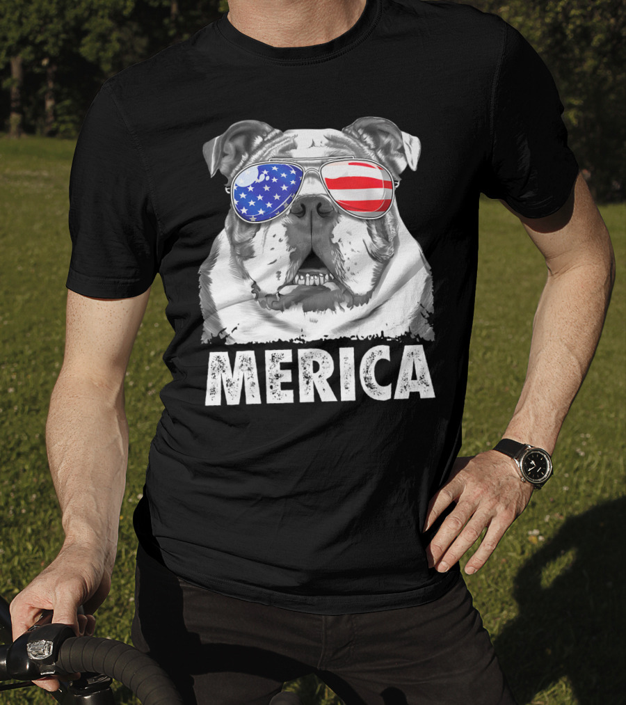 Merica English Bulldog USA Flag Sunglasses T-Shirt