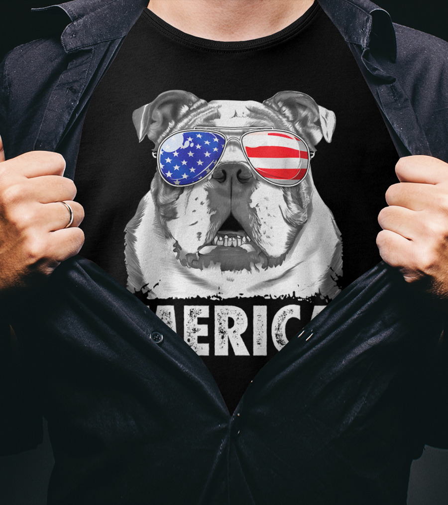 Merica English Bulldog USA Flag Sunglasses T-Shirt