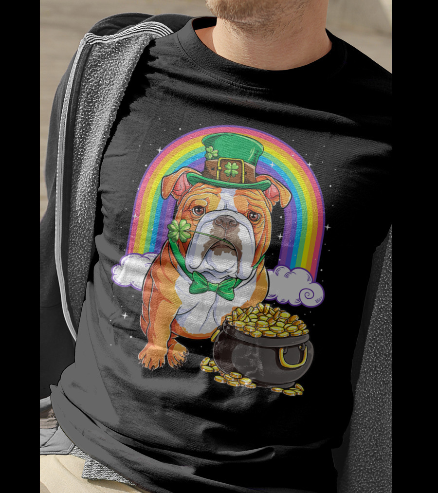 English Bulldog Leprechaun St Patricks Day Rainbow Gold Pot T-Shirt