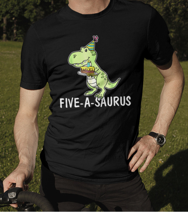 Five-A-Saurus T-Rex Birthday Cake Party Hat 5 Years Old T-Shirt