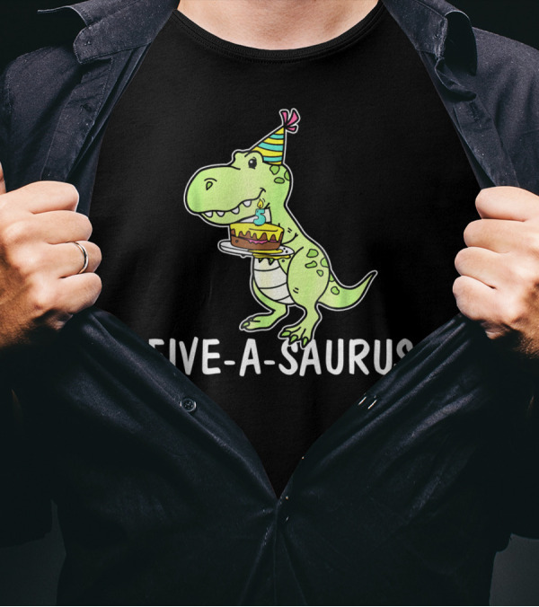 Five-A-Saurus T-Rex Birthday Cake Party Hat 5 Years Old T-Shirt