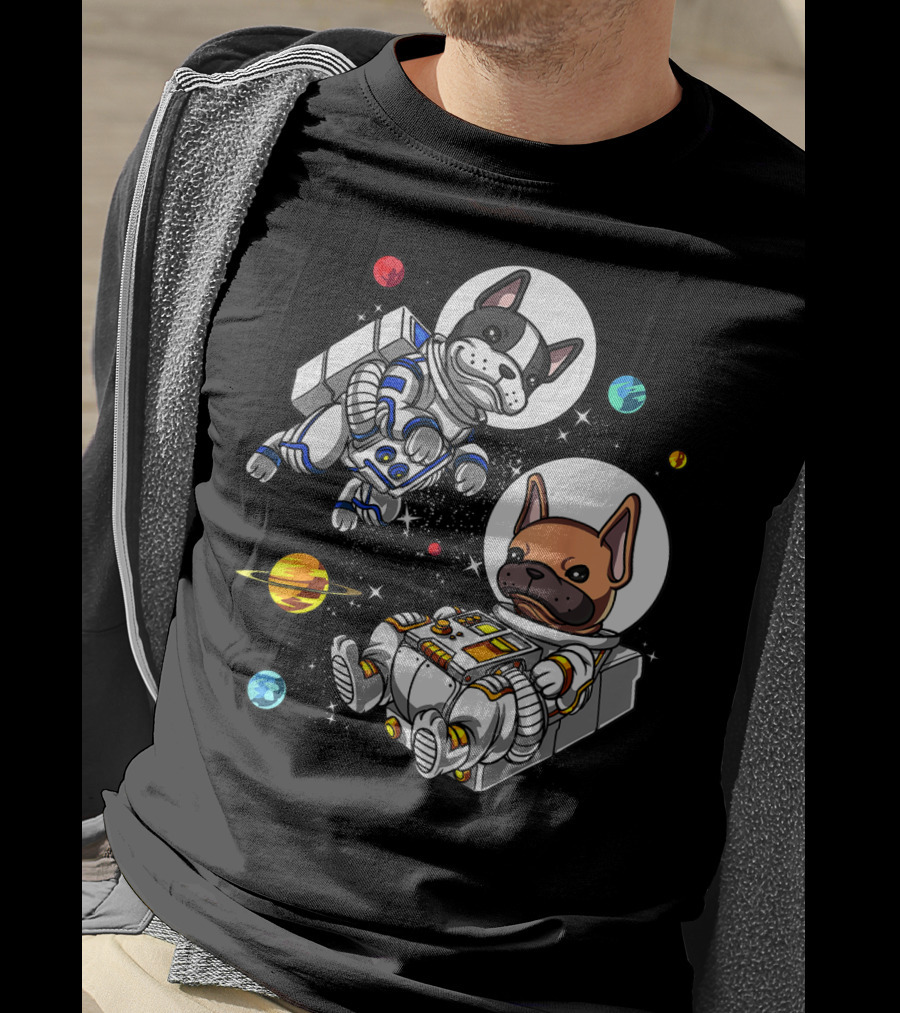 French Bulldog Astronauts In Space With Planets And Stars T-Shirt