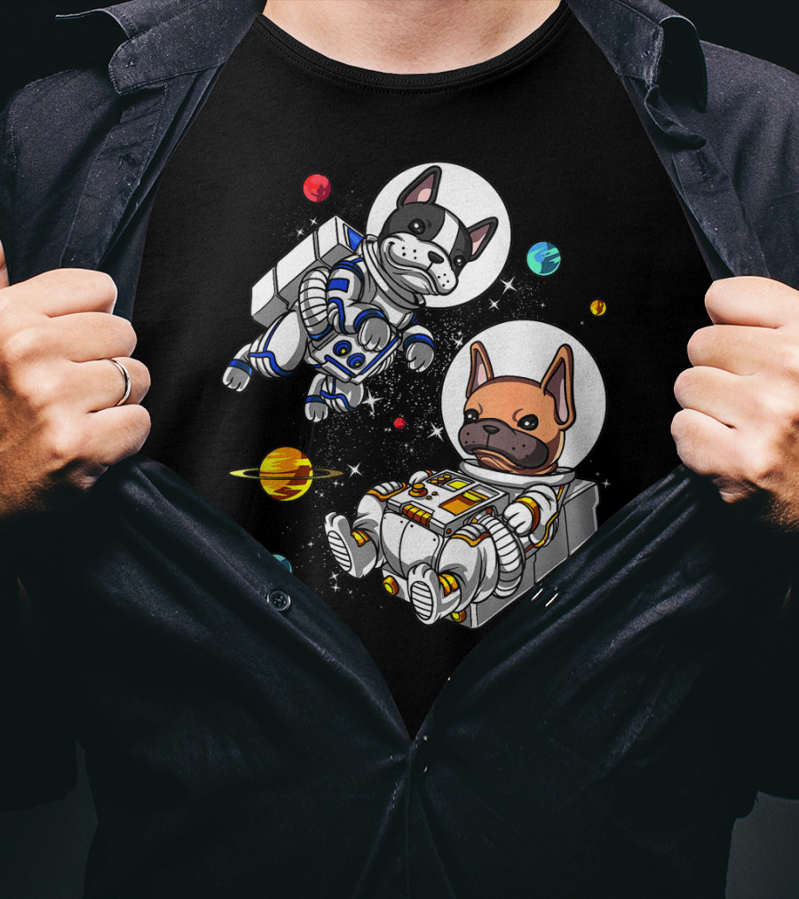 French Bulldog Astronauts In Space With Planets And Stars T-Shirt