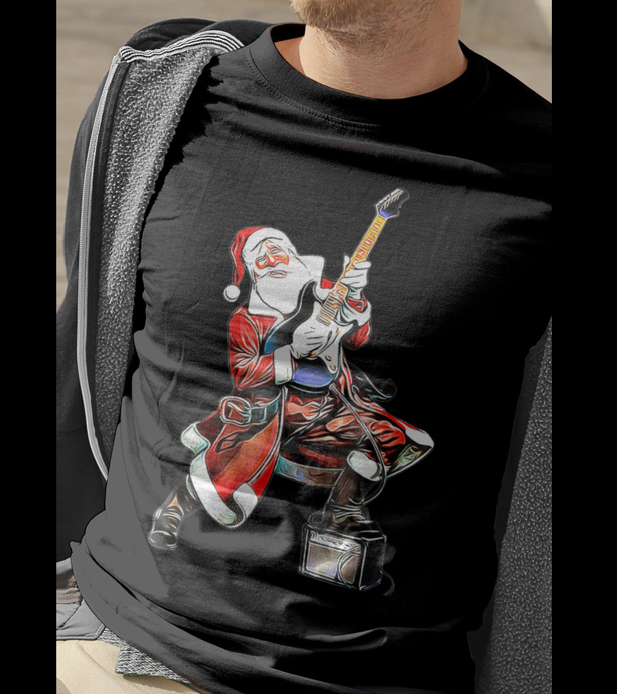 Funny Christmas Rock N Roll Santa Playing Guitar T-Shirt