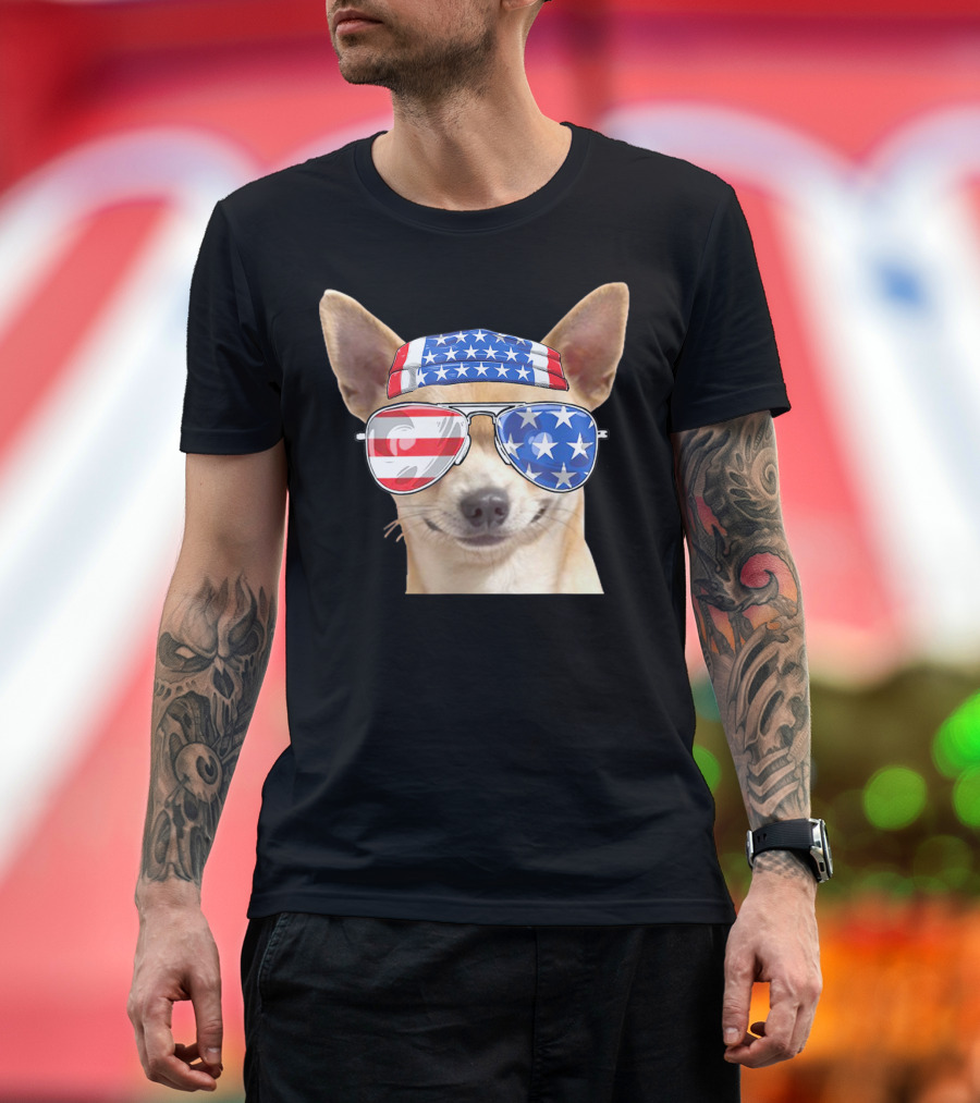 Patriotic Chihuahua with American Flag Bandana and Sunglasses for 4th of July T-Shirt