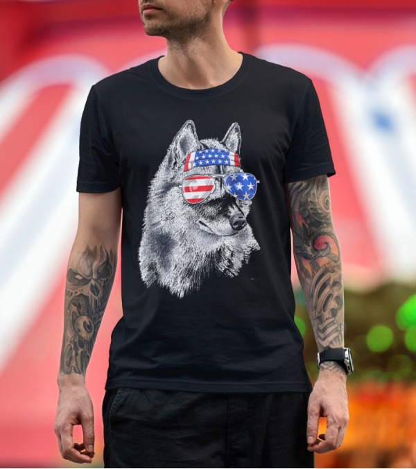 Premium T-Shirt: Patriotic Siberian Husky with American Flag Sunglasses Headband 4th of July T-Shirt Patriotic Siberian Husky with American Flag Sunglasses Headband 4th of July T-Shirt