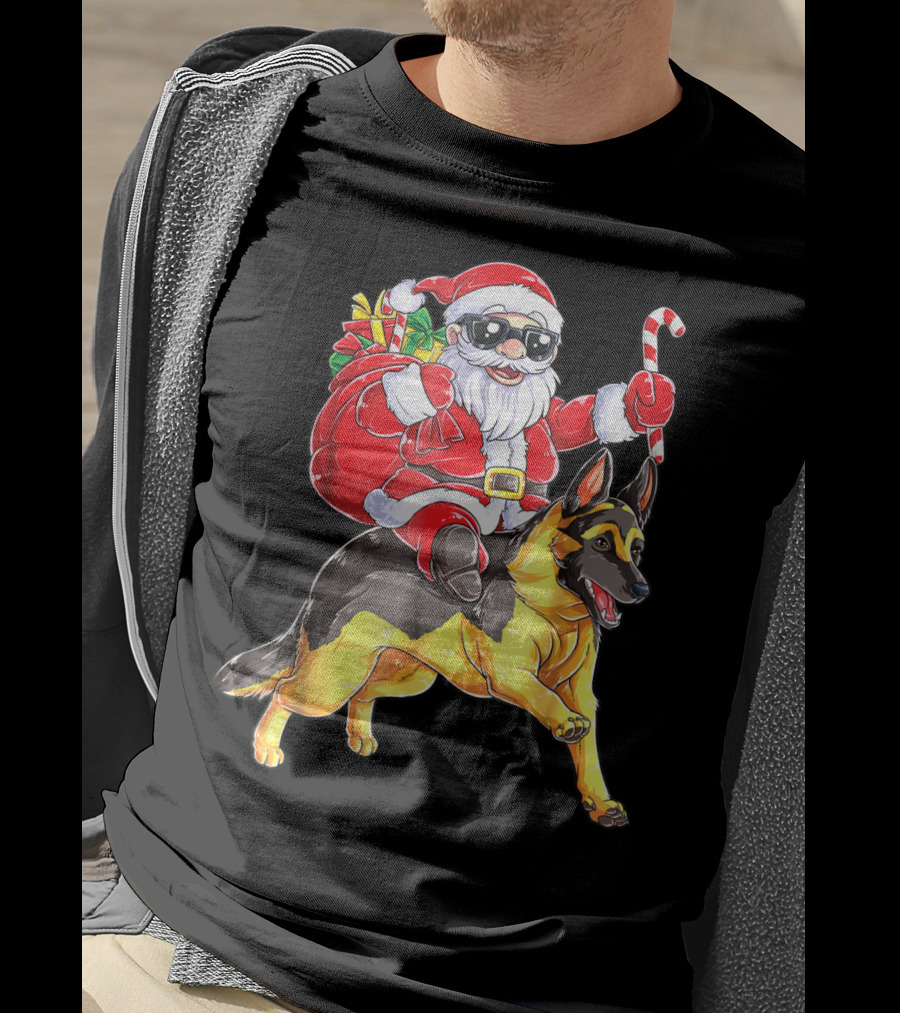 German Shepherd Woofmas With Santa Claus And Candy Cane T-Shirt