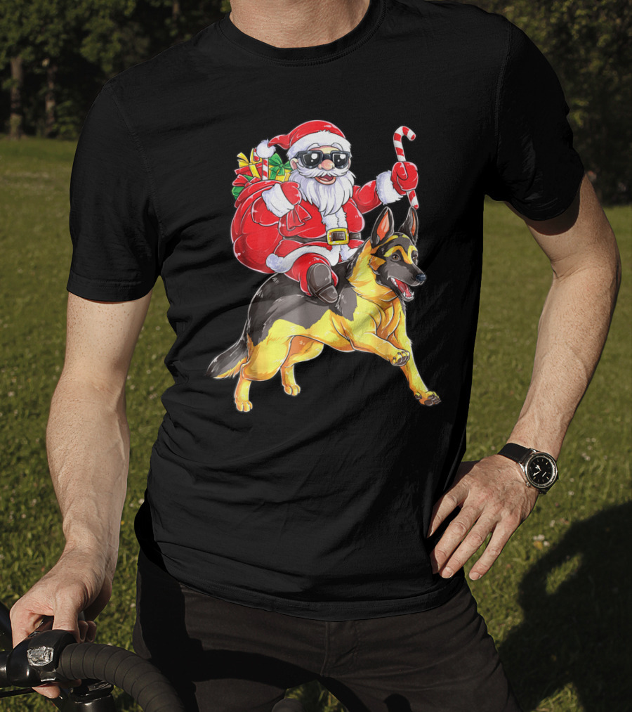 German Shepherd Woofmas With Santa Claus And Candy Cane T-Shirt