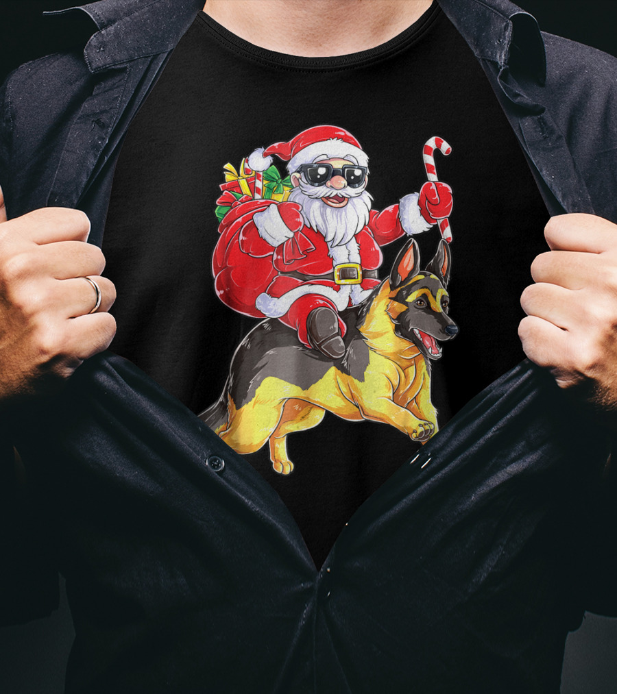 German Shepherd Woofmas With Santa Claus And Candy Cane T-Shirt