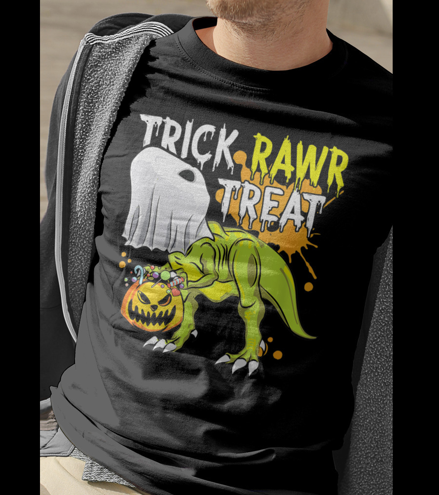 Trick Rawr Treat Halloween Dinosaur Ghost Pumpkin Boys T-Shirt