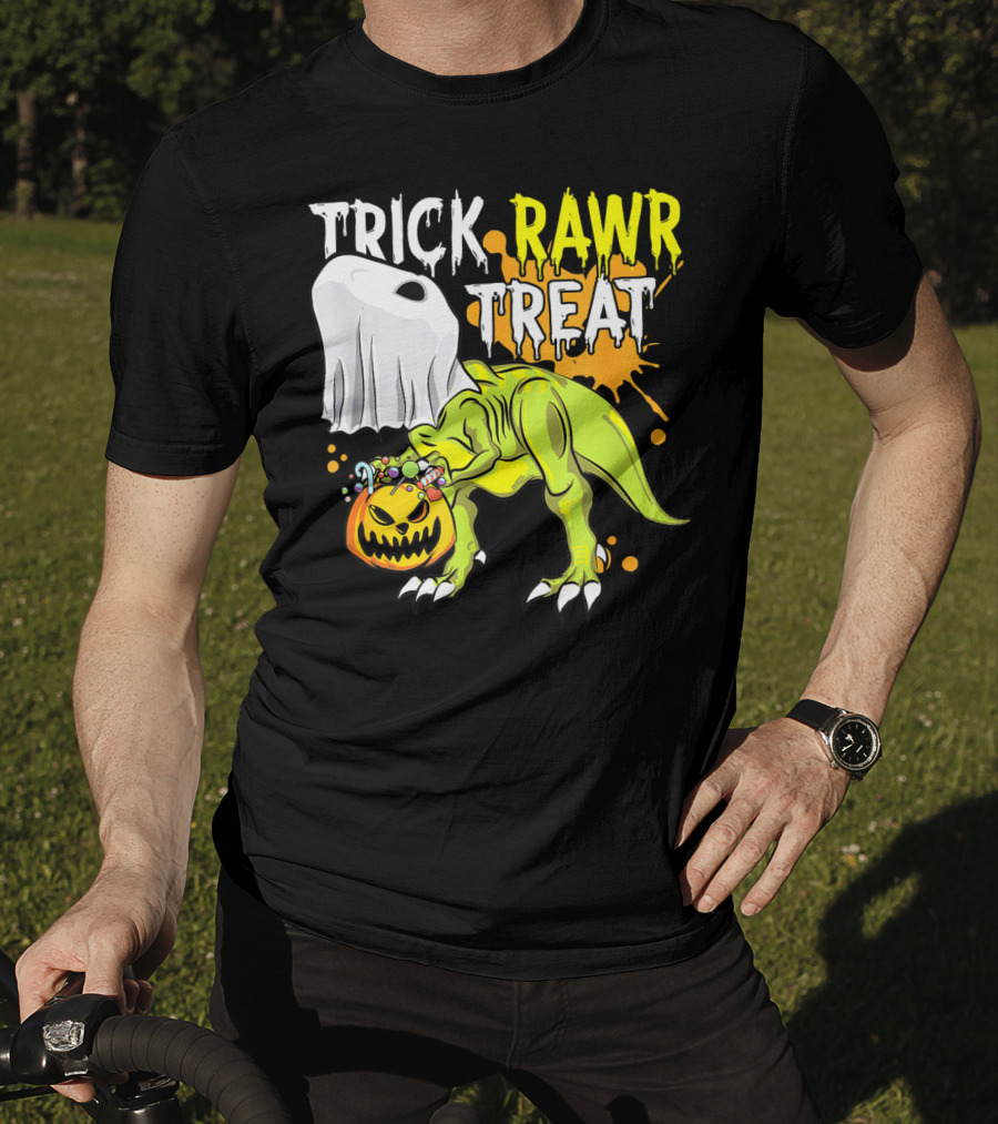 Trick Rawr Treat Halloween Dinosaur Ghost Pumpkin Boys T-Shirt
