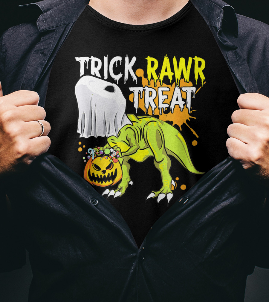 Trick Rawr Treat Halloween Dinosaur Ghost Pumpkin Boys T-Shirt