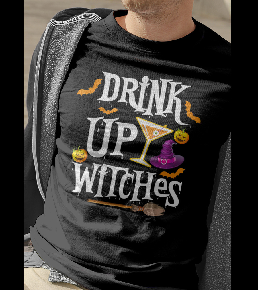 Drink Up Witches Halloween Costume Women Wine Hat Broom Martini T-Shirt