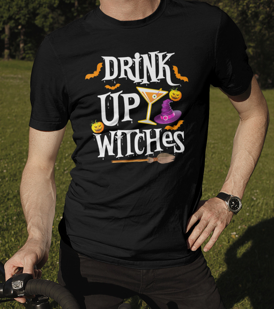 Drink Up Witches Halloween Costume Women Wine Hat Broom Martini T-Shirt