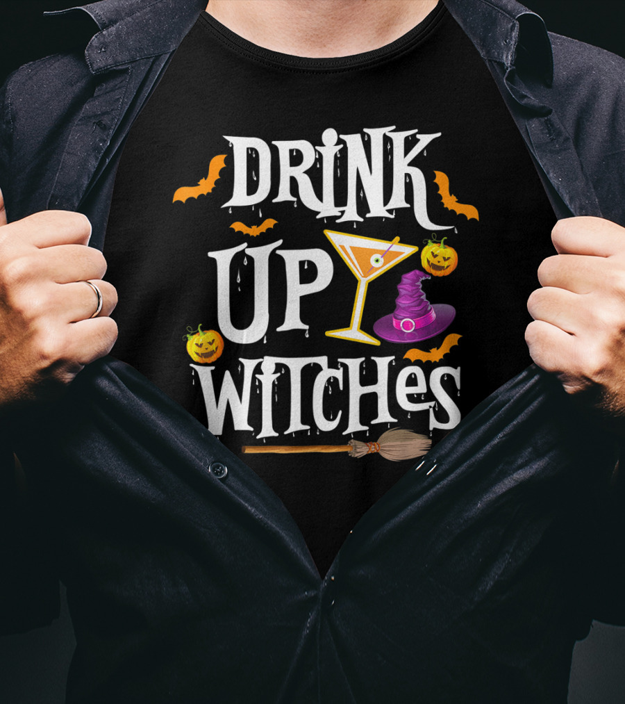 Drink Up Witches Halloween Costume Women Wine Hat Broom Martini T-Shirt