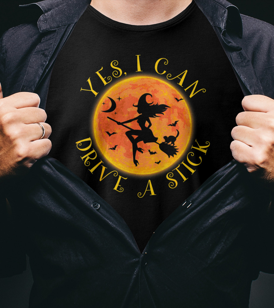 Yes I Can Drive A Stick Halloween Witch Costume Moon Bats T-Shirt