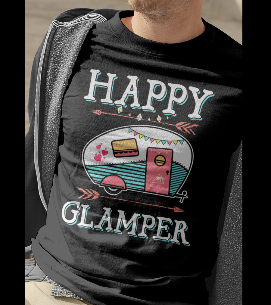HAPPY GLAMPER Camper With Arrows And Colorful Bunting T-Shirt