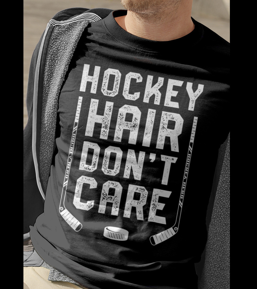 Hockey Hair Don't Care Ice Puck Hockey Stick Player T-Shirt