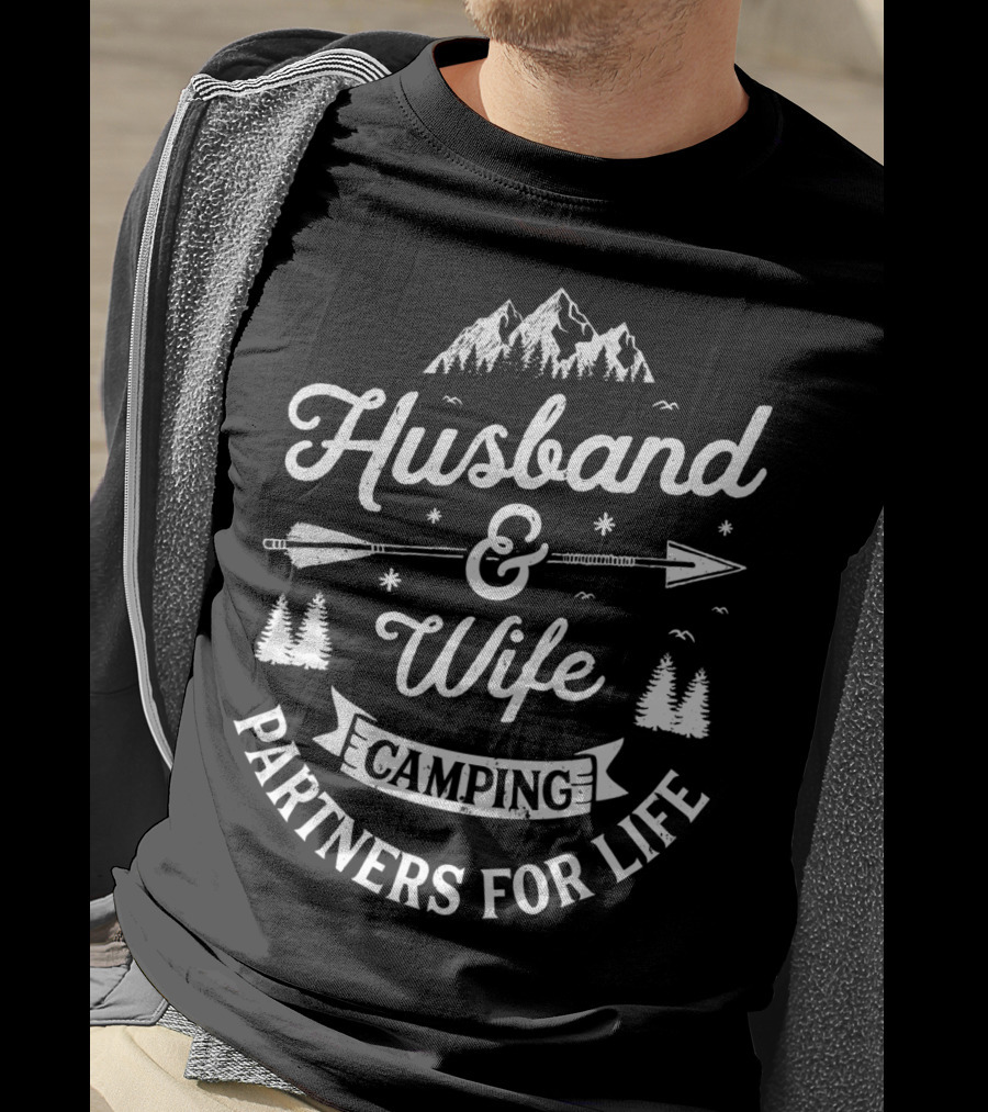 Husband And Wife Camping Partners For Life Arrow Mountains Trees T-Shirt
