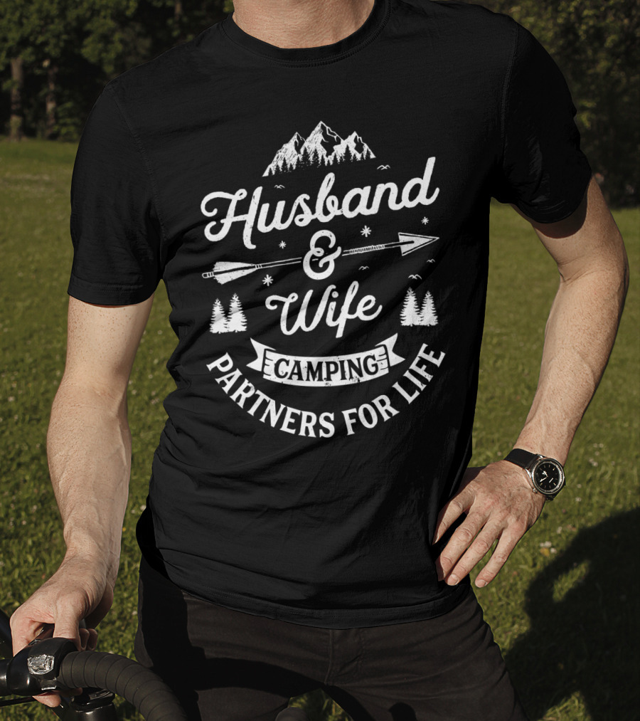 Husband And Wife Camping Partners For Life Arrow Mountains Trees T-Shirt