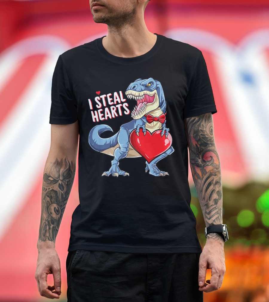 I Steal Hearts Dinosaur Rex Valentine's Day Red Bow Tie T-Shirt