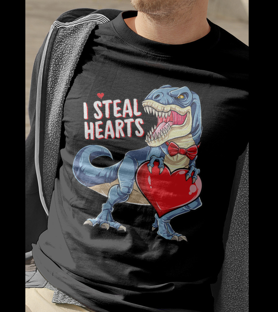 I Steal Hearts Dinosaur Rex Valentine's Day Red Bow Tie T-Shirt