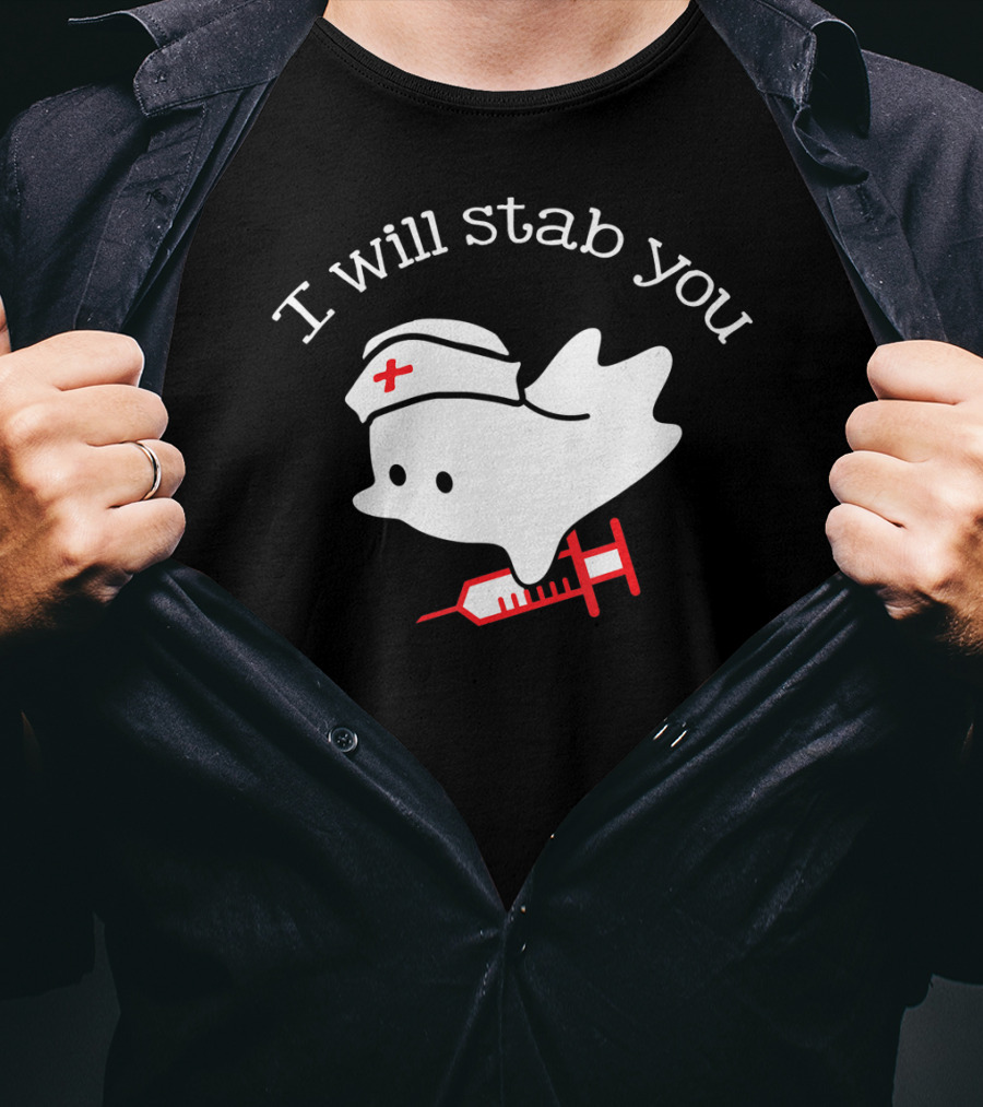 I Will Stab You Ghost Nurse With Syringe And Nurse Cap T-Shirt
