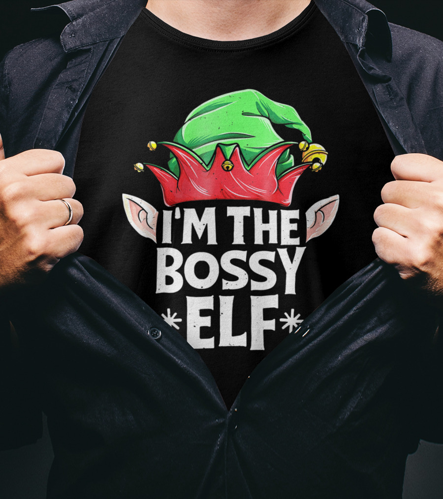 I'm The Bossy Elf Green And Red Jester Hat With Ears T-Shirt