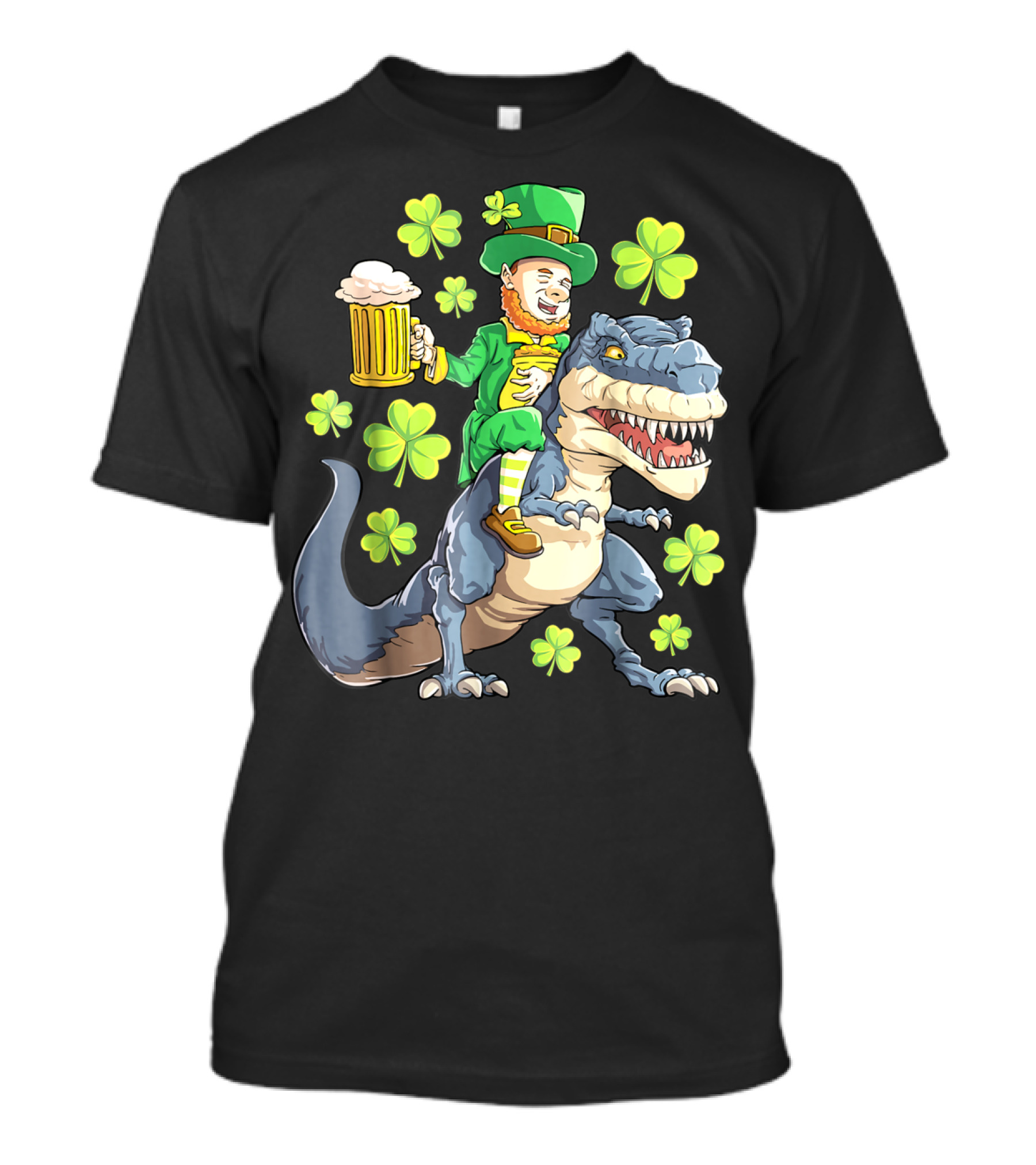 St Patricks Day Leprechaun Riding Dinosaur With Shamrocks And Beer T-Shirt