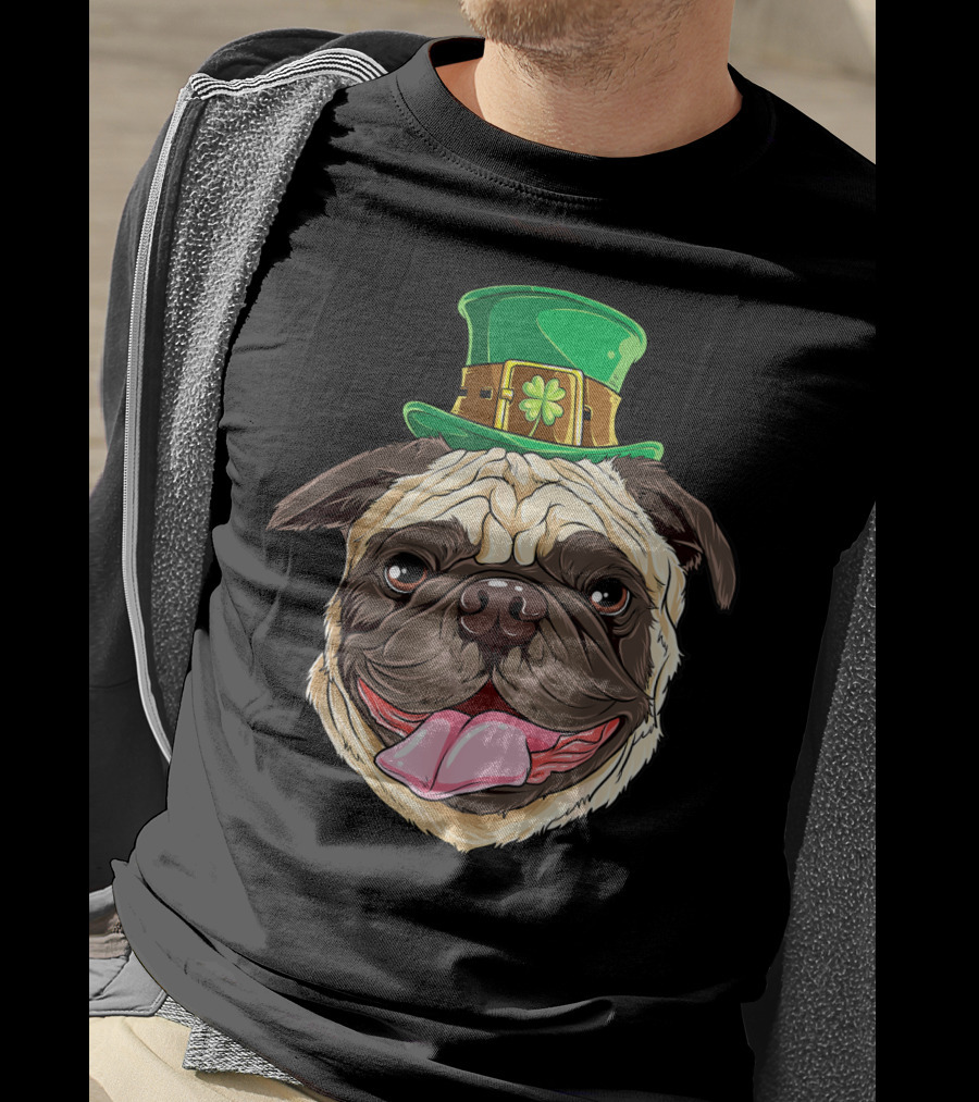 Irish Pug Wearing Leprechaun Hat With Shamrock T-Shirt
