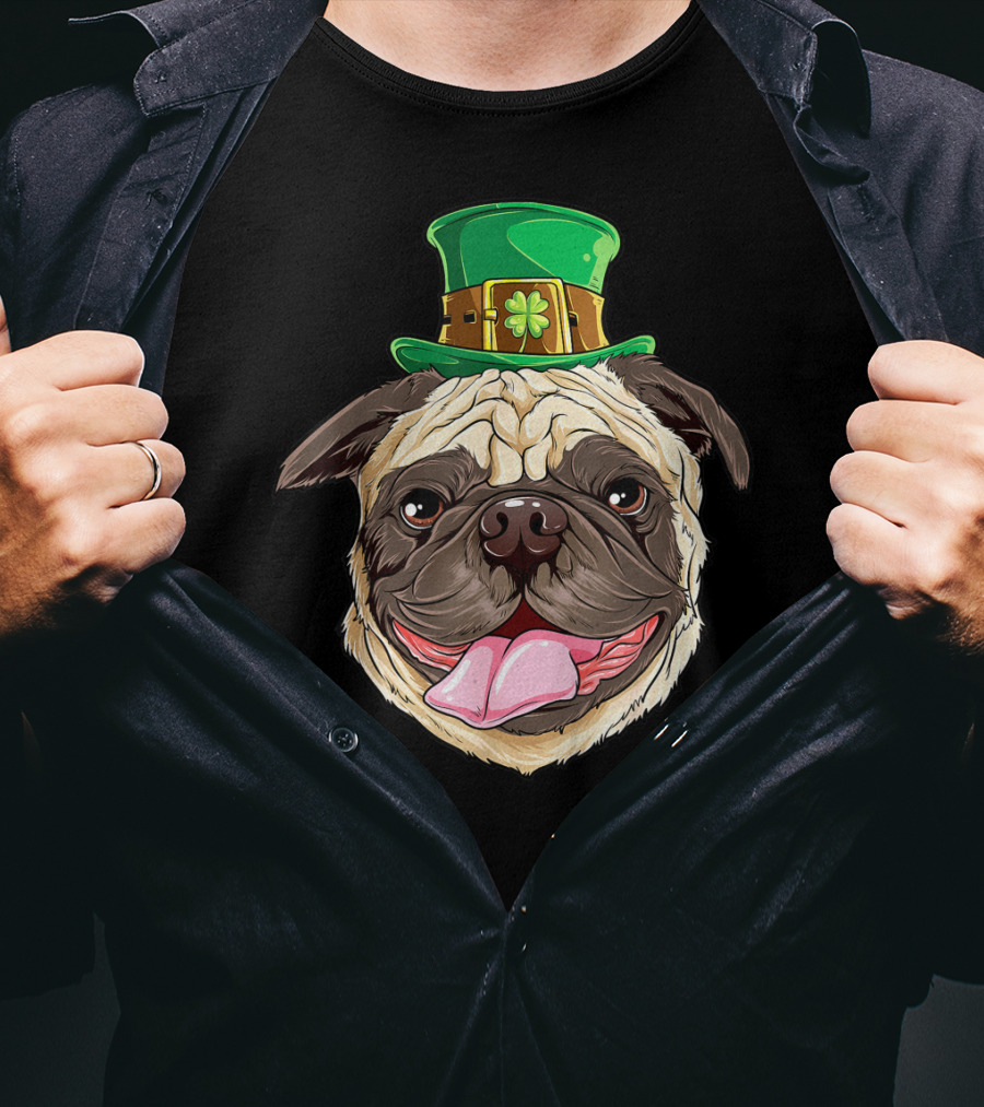 Irish Pug Wearing Leprechaun Hat With Shamrock T-Shirt