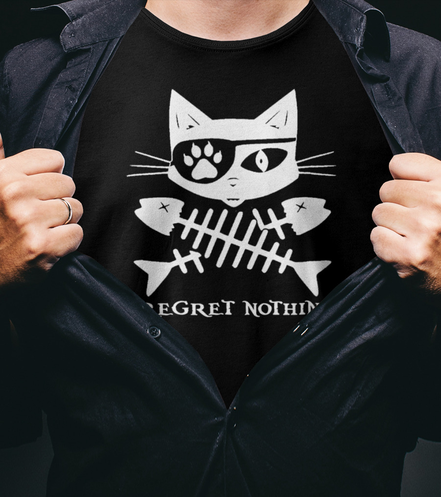 Jolly Roger Pirate Cat I Regret Nothing Skull Crossbones T-Shirt