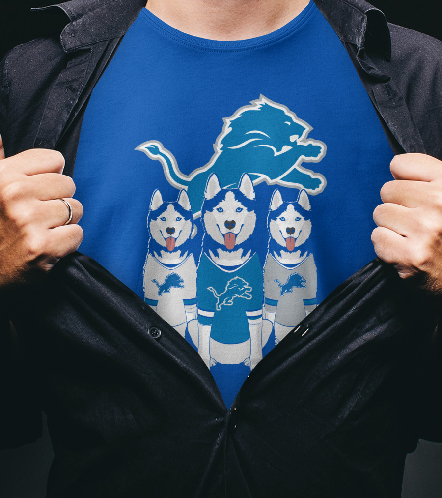 Detroit Lions Husky Trio With Iconic Blue Lion T-Shirt
