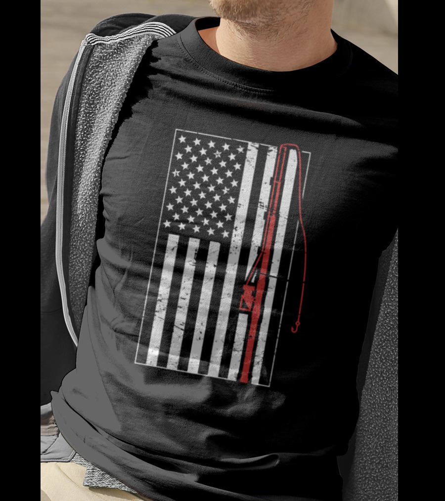 American Flag Distressed Fishing Rod T-Shirt