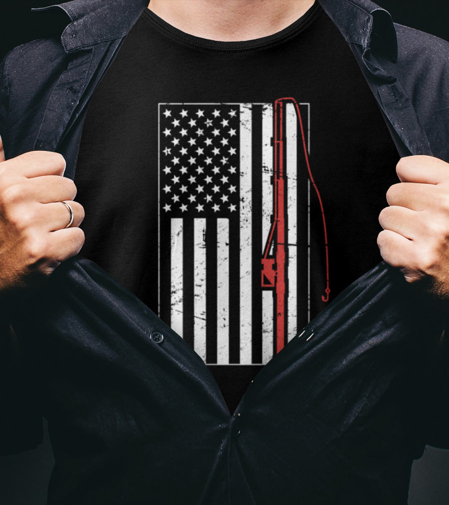 American Flag Distressed Fishing Rod T-Shirt