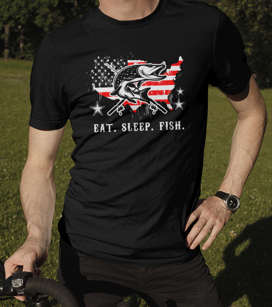 Eat Sleep Fish USA Flag Pike Rifle Stars T-Shirt