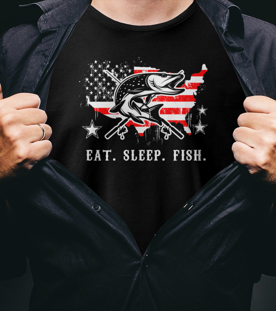 Eat Sleep Fish USA Flag Pike Rifle Stars T-Shirt