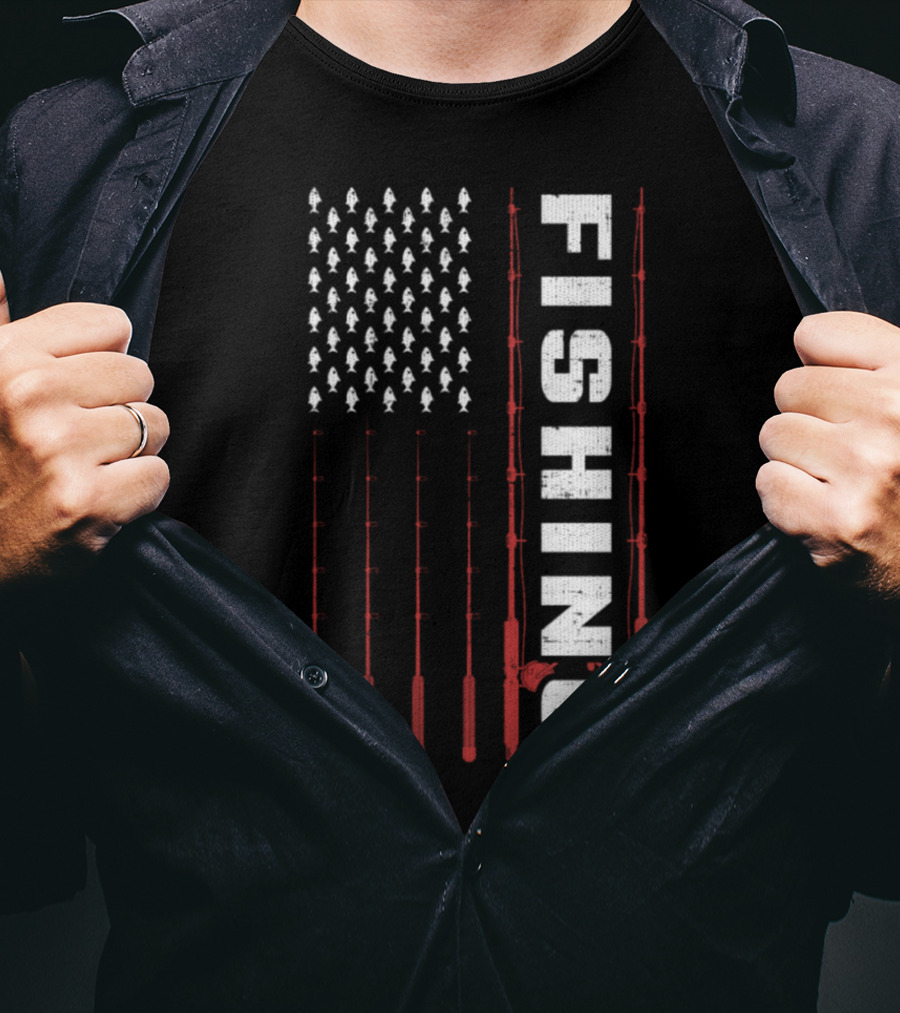 Fishing Flag Fishing Poles And Fish American T-Shirt