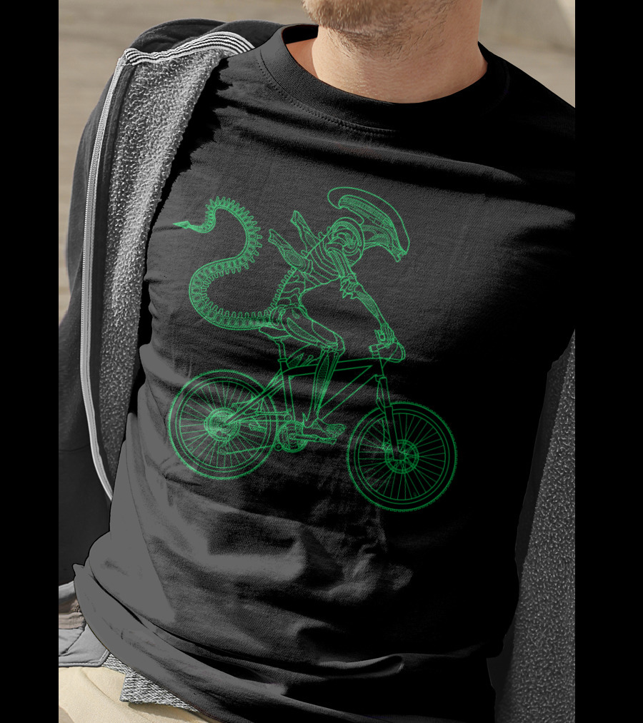 Alien Bicycle Rider Neon Green Xenomorph Outline T-Shirt