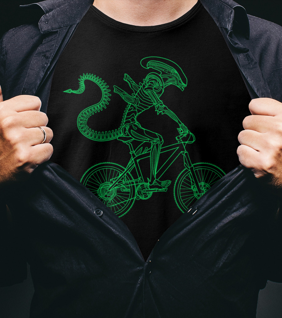 Alien Bicycle Rider Neon Green Xenomorph Outline T-Shirt