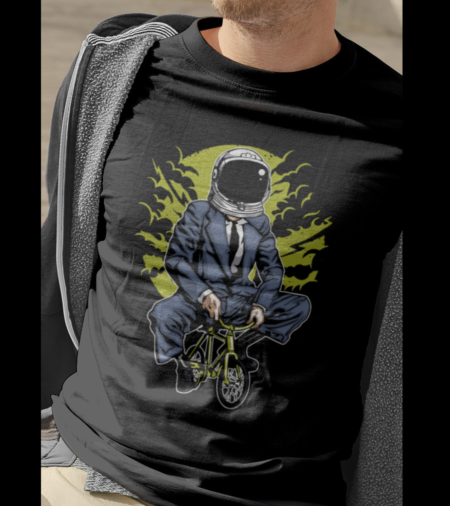 Astronaut In Business Suit Riding Mini Bike With Green Background And Stylized Sky Elements T-Shirt