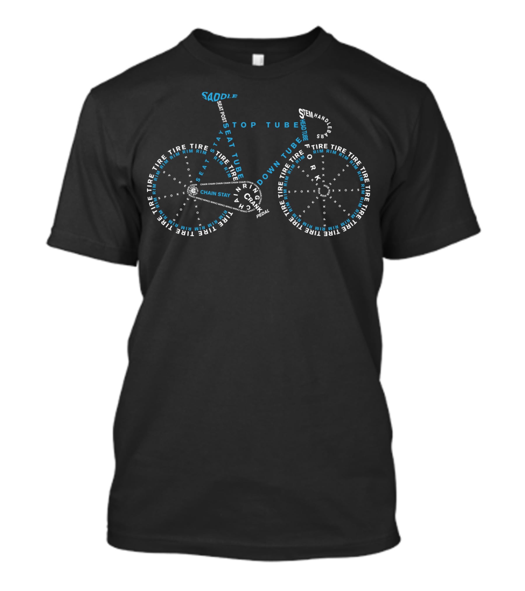 Saddle Seatpost Top Tube Stem Handlebars Down Tube Chain Stay Crank Pedal Tire Rim Spoke T-Shirt